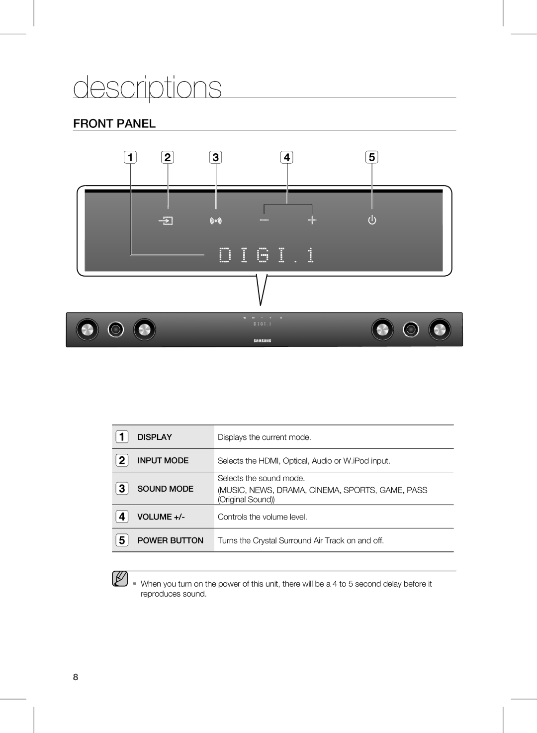 Samsung HW-D551, HW-D550 user manual Descriptions, Front Panel 