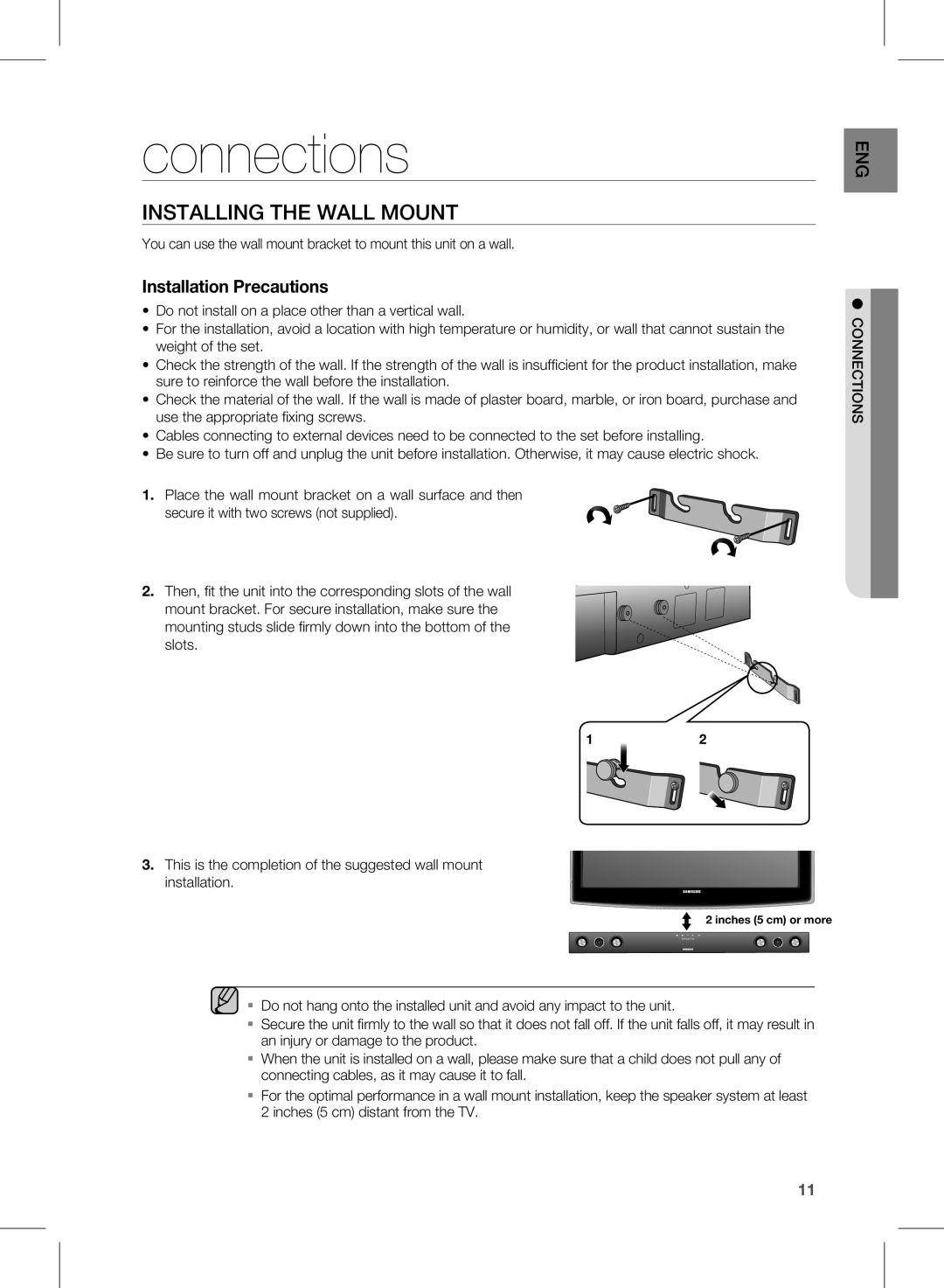 Samsung HW-D550, HW-D551 user manual connections, INSTAllING THE WAll MOUNT, Installation Precautions 