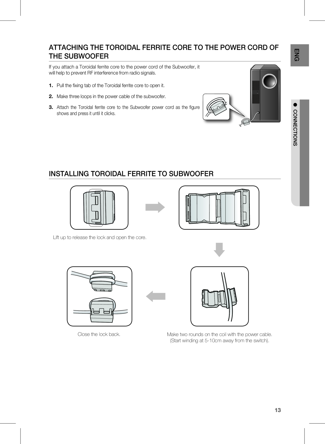 Samsung HW-D550, HW-D551 user manual InSTaLLInG TOROIDaL FERRITE TO SubWOOFER 