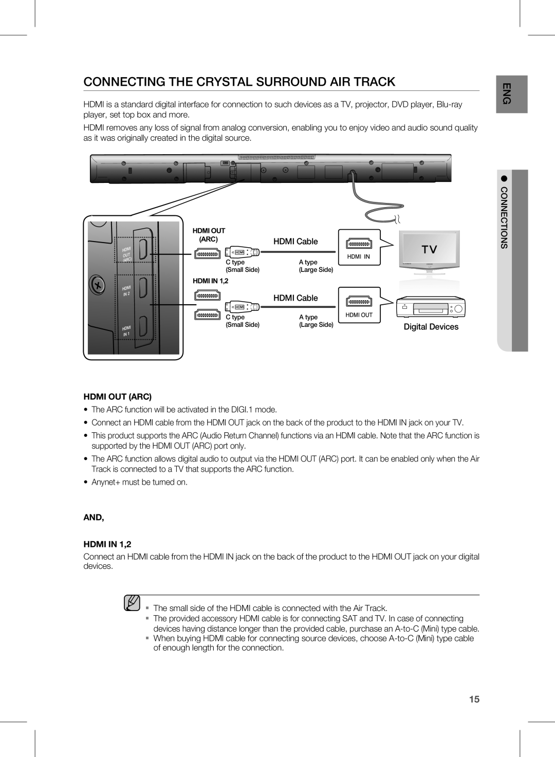 Samsung HW-D550, HW-D551 user manual connecting the CRYSTAL SURROUND AIR TRACK, Hdmi Out Arc, AND HDMI IN 1,2 
