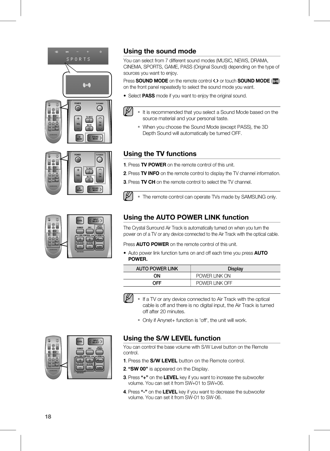 Samsung HW-D551, HW-D550 user manual Using the sound mode, Using the TV functions, Using the AUTO POWER LINK function, Power 