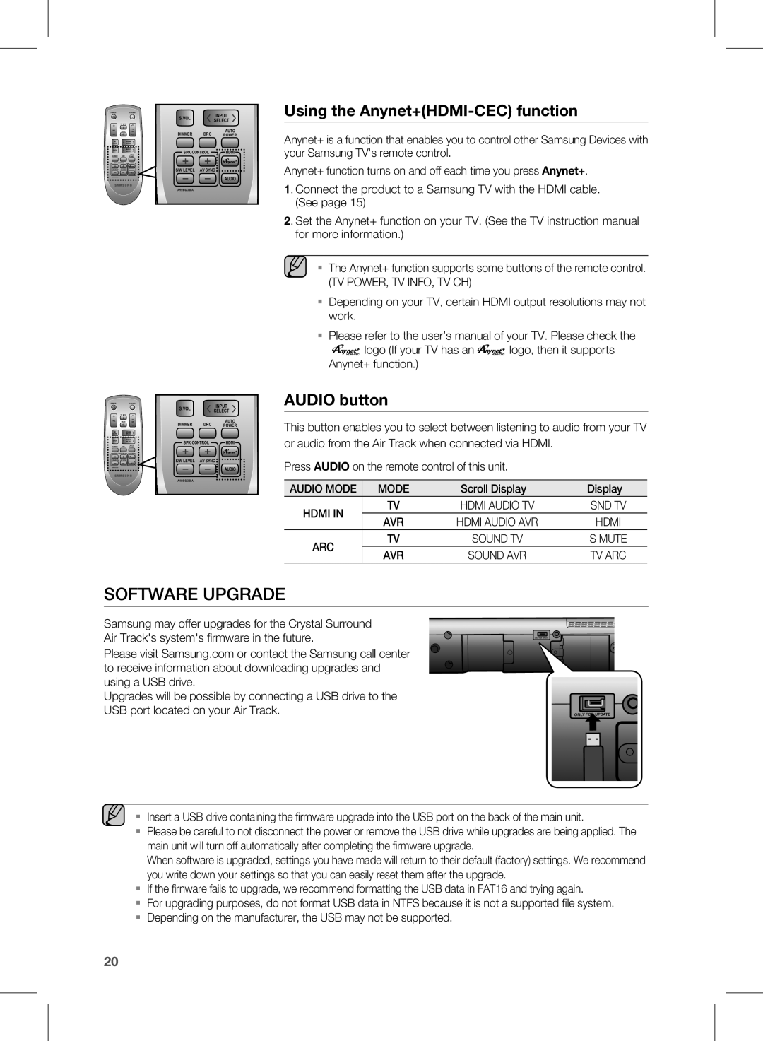 Samsung HW-D551, HW-D550 user manual Software Upgrade, Using the Anynet+HDMI-CECfunction, AUDIO button 