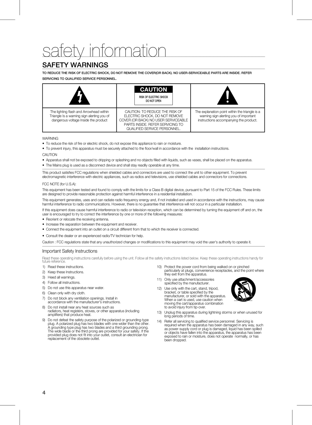 Samsung HW-D551, HW-D550 user manual safety information, Safety Warnings 