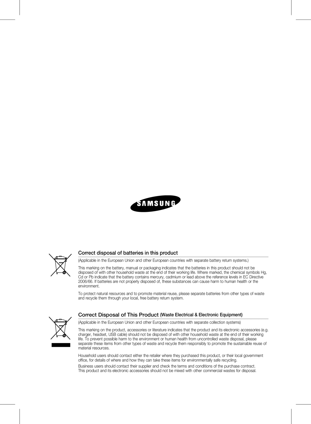 Samsung HW-D570/ZF, HW-D570/EN, HW-D570/XN, HW-D570/XE manual Correct disposal of batteries in this product 