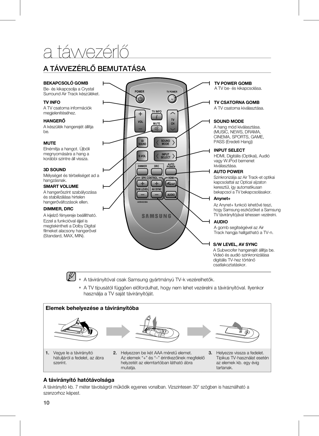 Samsung HW-D570/ZF, HW-D570/EN, HW-D570/XE manual Távvezérlő Bemutatása 