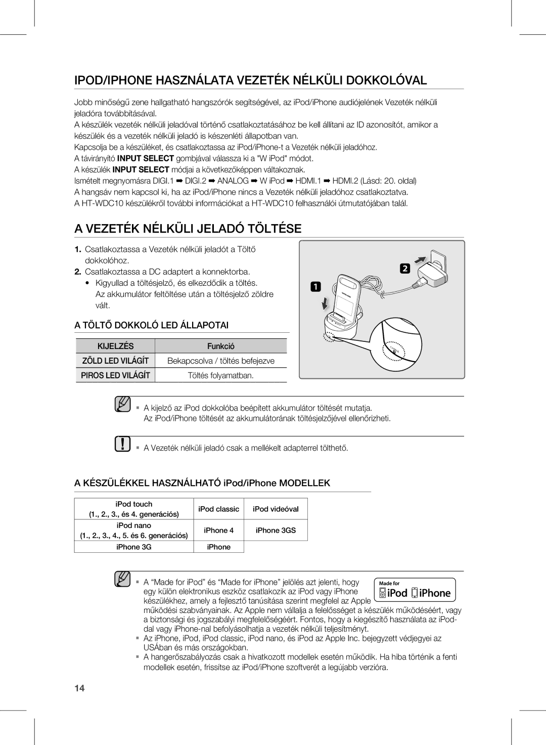 Samsung HW-D570/XE, HW-D570/EN manual IPOD/IPHONE Használata Vezeték Nélküli Dokkolóval, Vezeték Nélküli Jeladó Töltése 