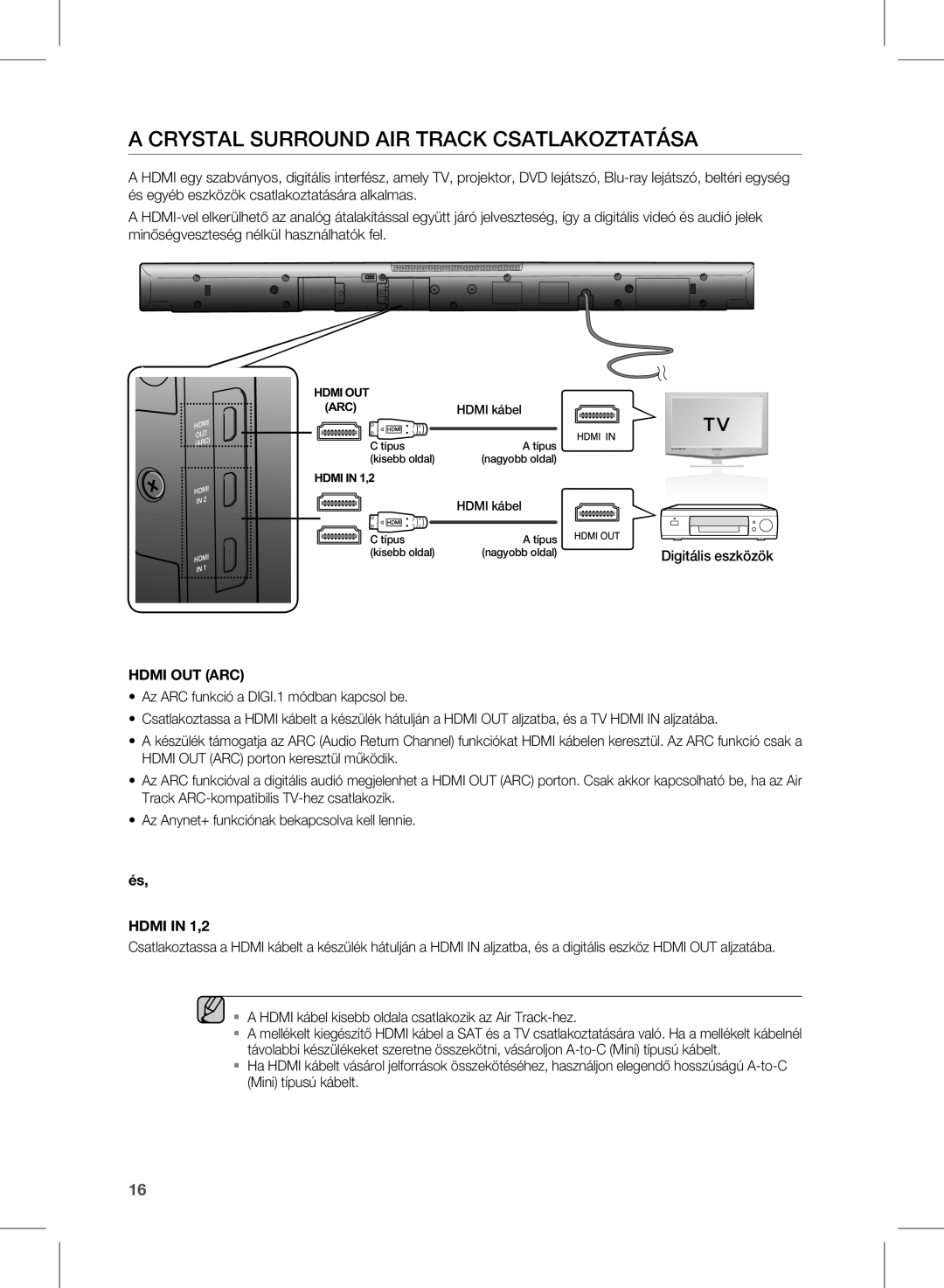 Samsung HW-D570/ZF, HW-D570/EN, HW-D570/XE manual Crystal Surround AIR Track Csatlakoztatása, Hdmi kábel 