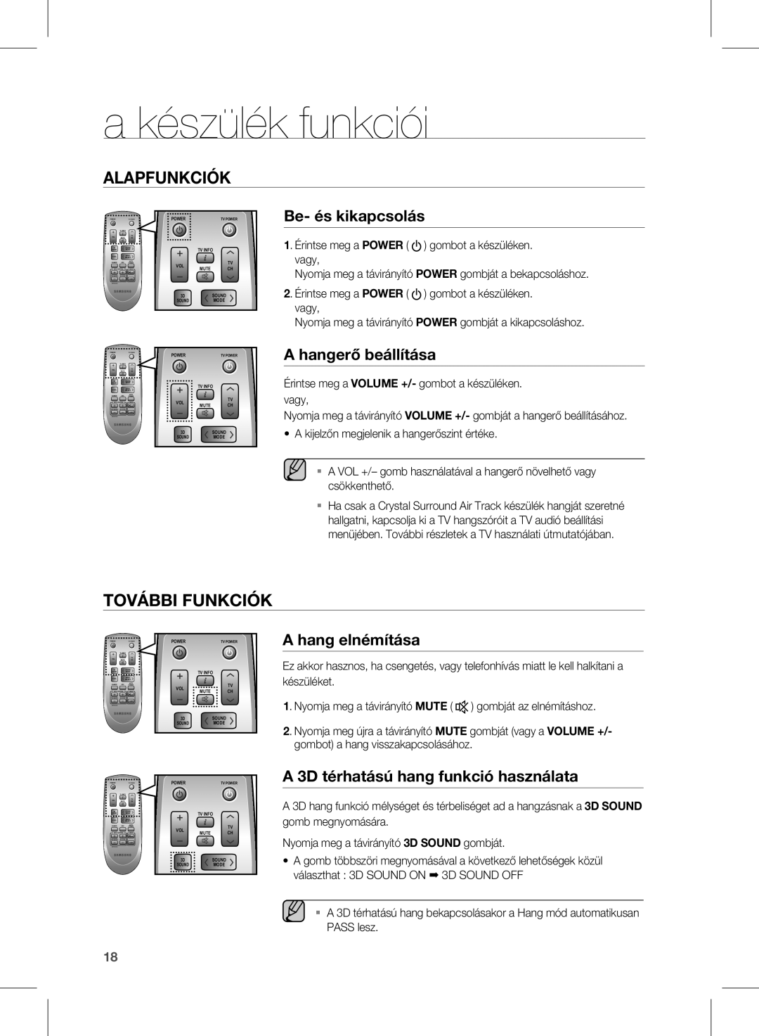 Samsung HW-D570/EN, HW-D570/ZF, HW-D570/XE manual Készülék funkciói, Alapfunkciók 