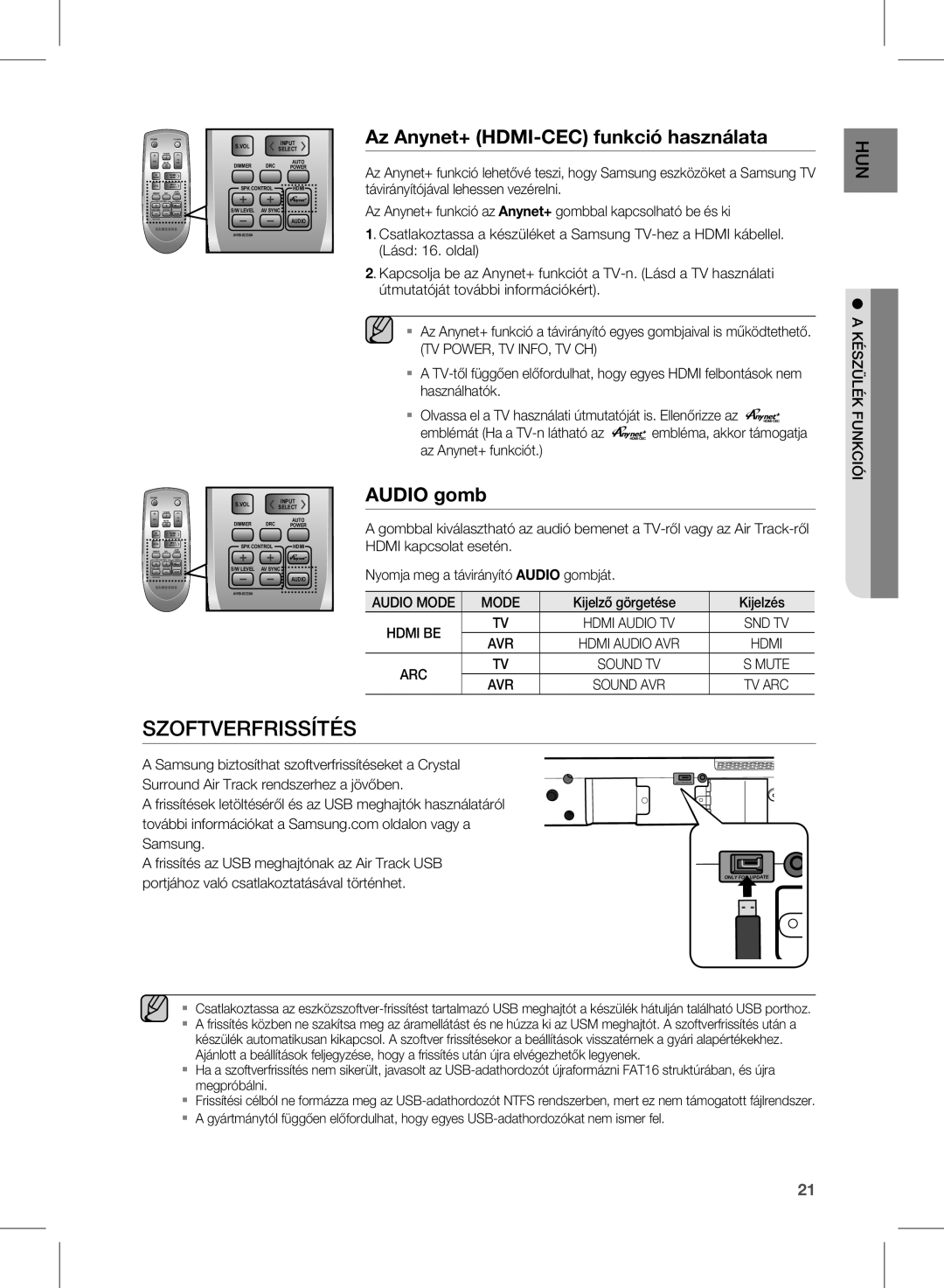 Samsung HW-D570/EN, HW-D570/ZF, HW-D570/XE manual Szoftverfrissítés, Az Anynet+ HDMI-CEC funkció használata 