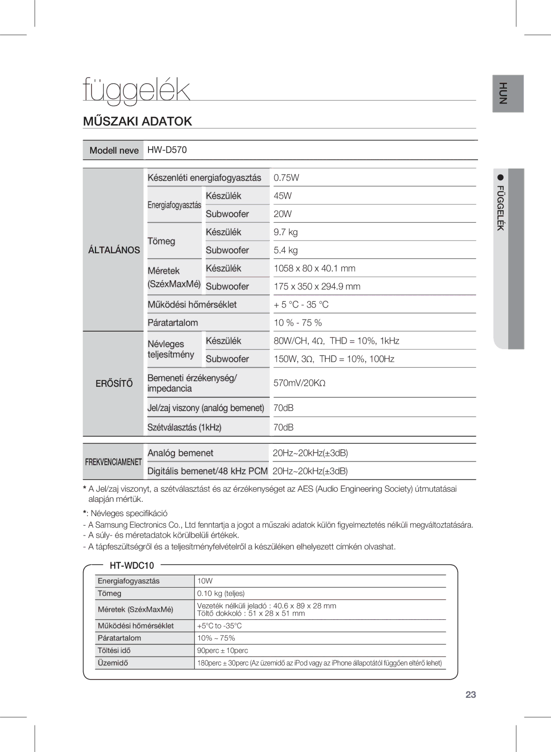 Samsung HW-D570/XE, HW-D570/EN, HW-D570/ZF manual Függelék, Műszaki Adatok 