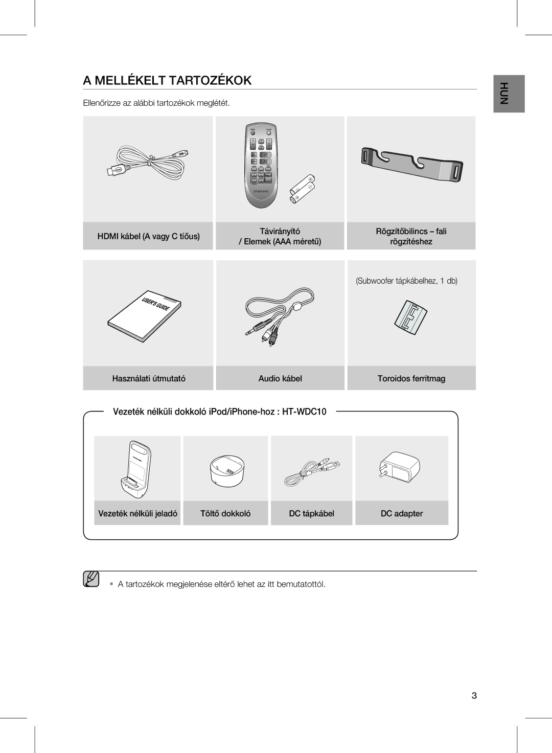 Samsung HW-D570/EN, HW-D570/ZF, HW-D570/XE manual Mellékelt Tartozékok, Ellenőrizze az alábbi tartozékok meglétét 