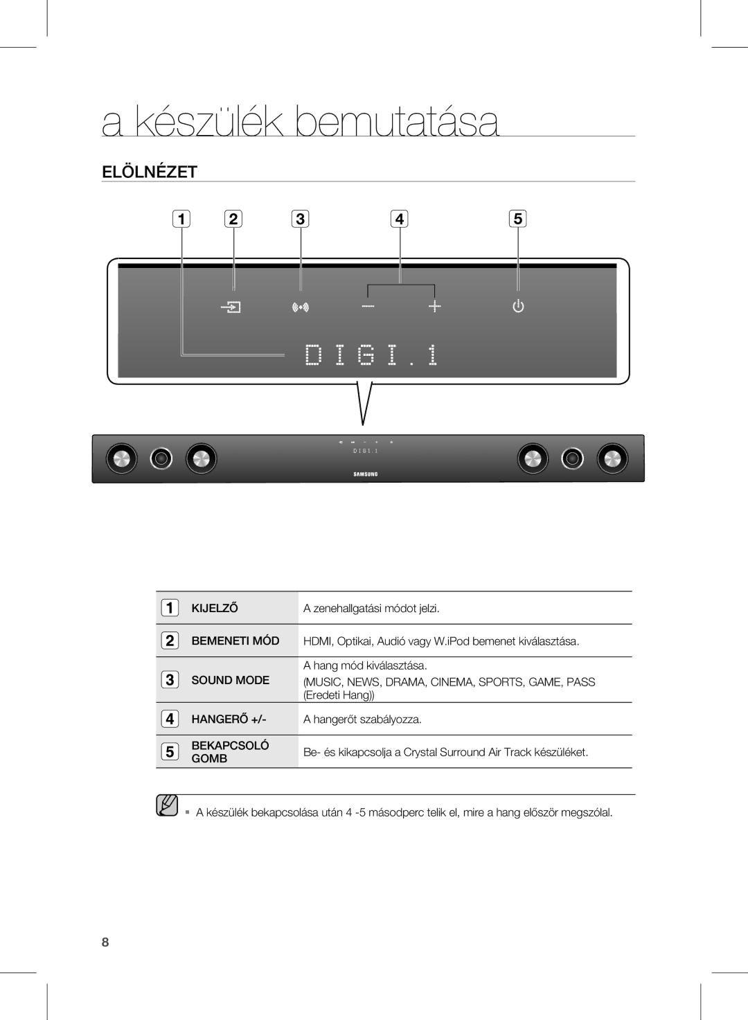 Samsung HW-D570/XE, HW-D570/EN, HW-D570/ZF manual Készülék bemutatása, Elölnézet 