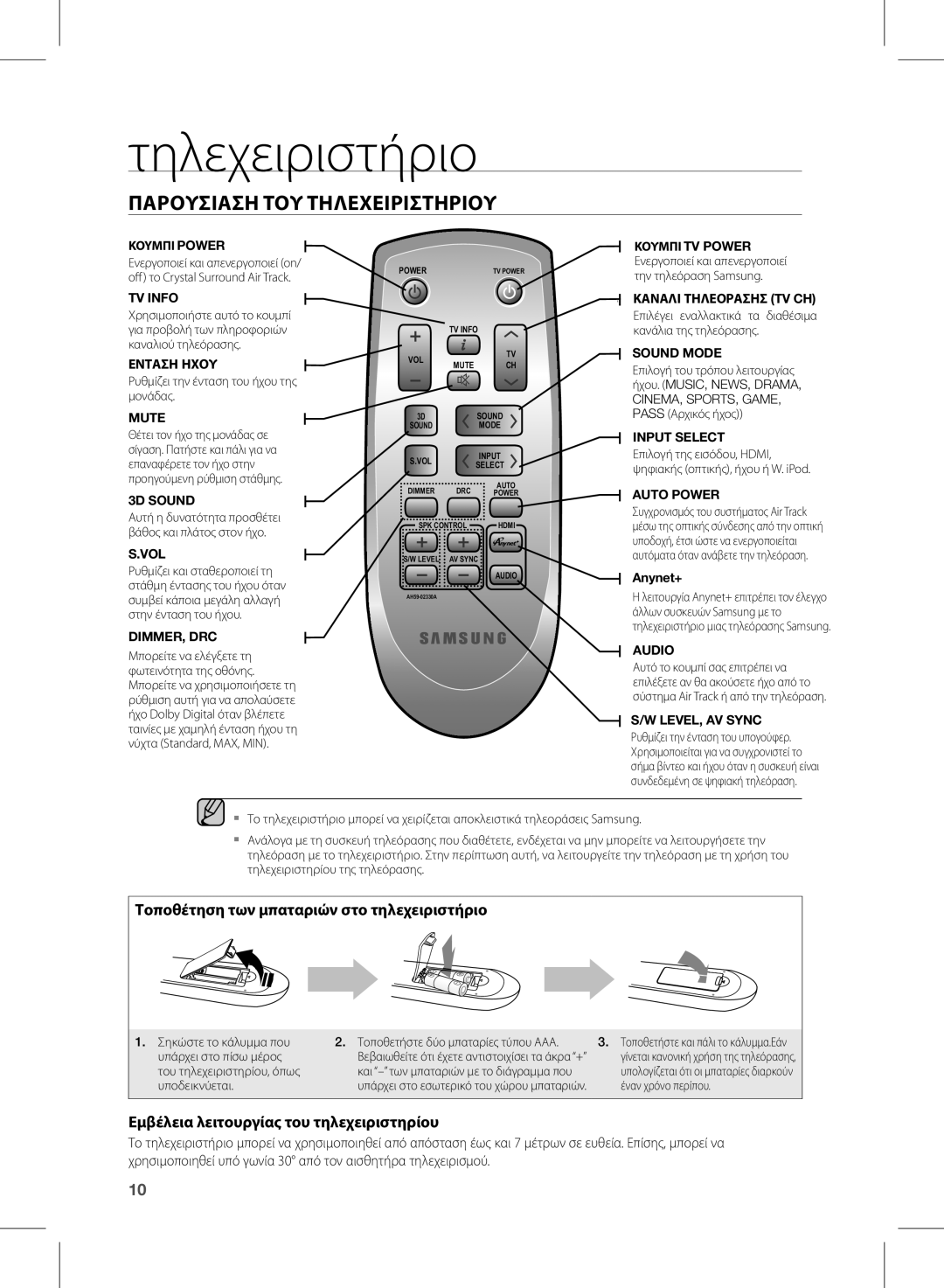 Samsung HW-D570/EN manual Τηλεχειριστήριο, Παρουσιαση ΤΟΥ Τηλεχειριστηριου, Τοποθέτηση των μπαταριών στο τηλεχειριστήριο 