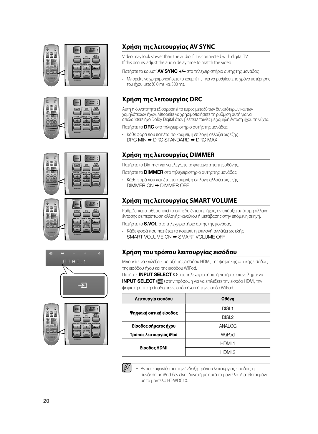 Samsung HW-D570/EN manual Χρήση της λειτουργίας AV Sync, Χρήση της λειτουργίας DRC, Χρήση της λειτουργίας Dimmer 