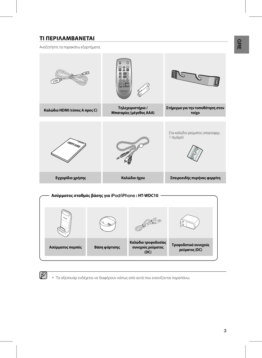 Samsung HW-D570/EN manual ΤΙ Περιλαμβανεται, Ασύρματος σταθμός βάσης για iPod/iPhone HT-WDC10 