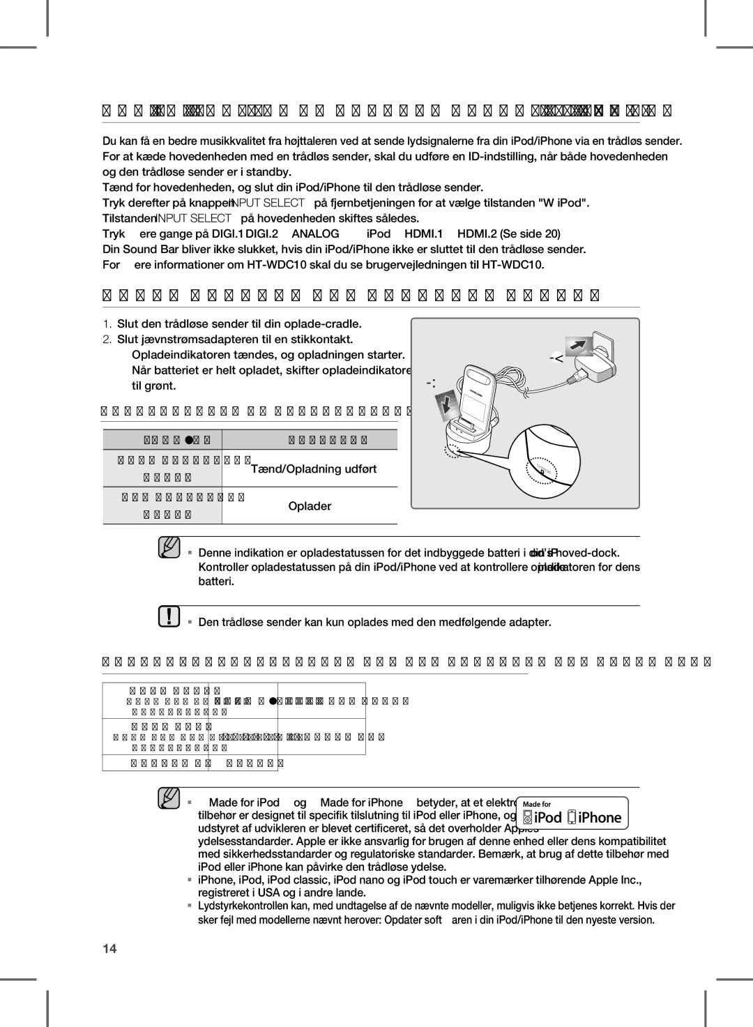 Samsung HW-D570/XE manual Brug iPod/iPhone MED EN Trådløs DOCK-CRADLE TIL iPod/iPhone, Sådan Oplades DEN Trådløse Sender 