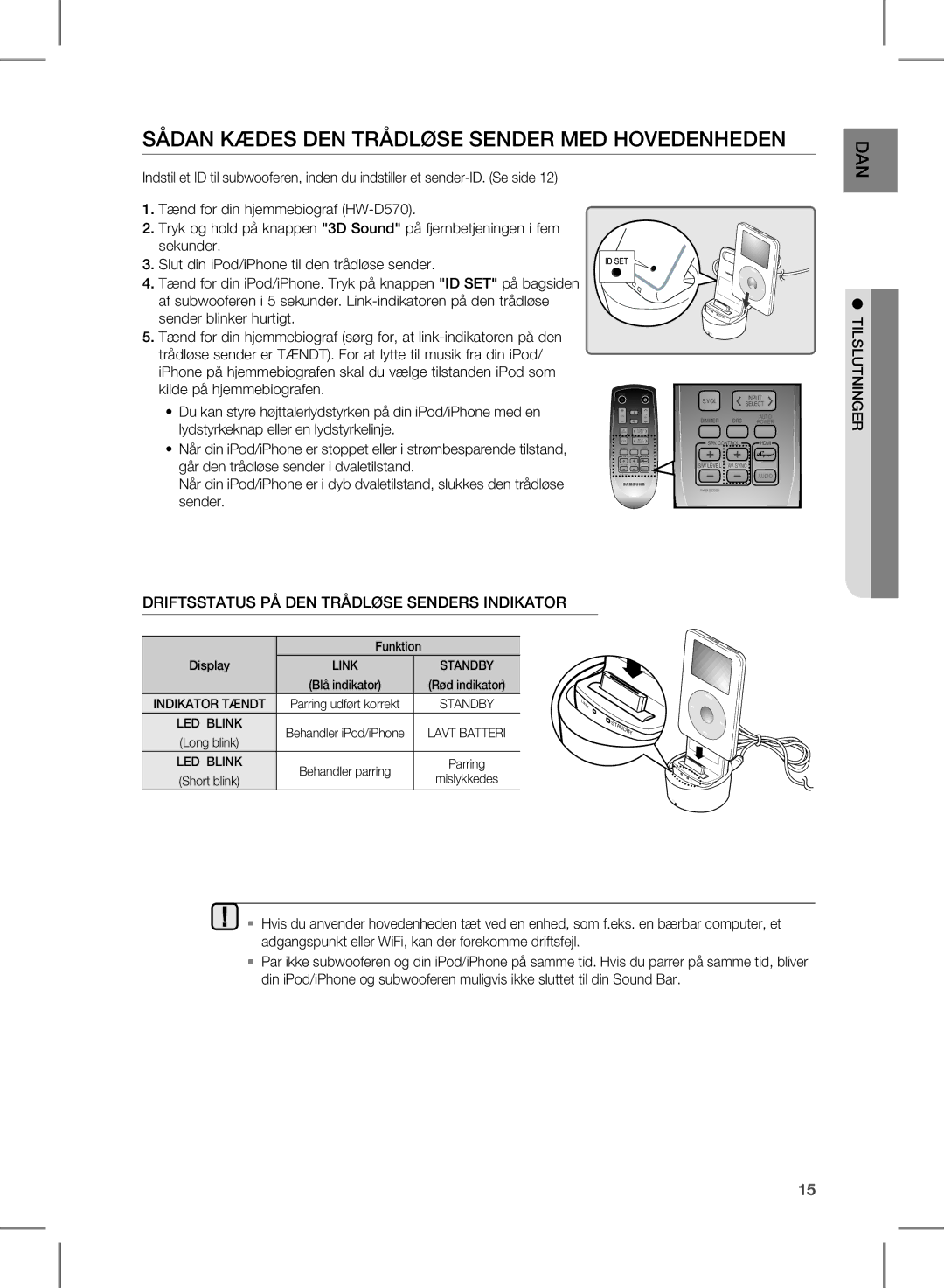 Samsung HW-D570/XE manual Sådan Kædes DEN Trådløse Sender MED Hovedenheden, Driftsstatus PÅ DEN Trådløse Senders Indikator 