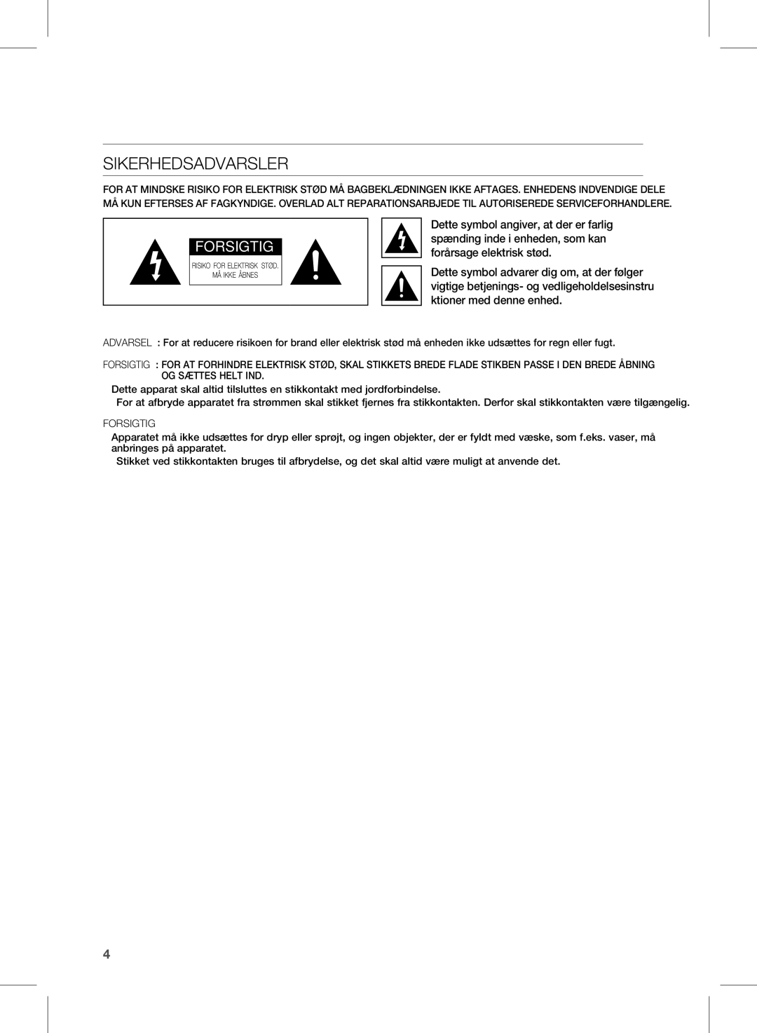 Samsung HW-D570/XE manual Sikkerhedsinformationer, Sikerhedsadvarsler 