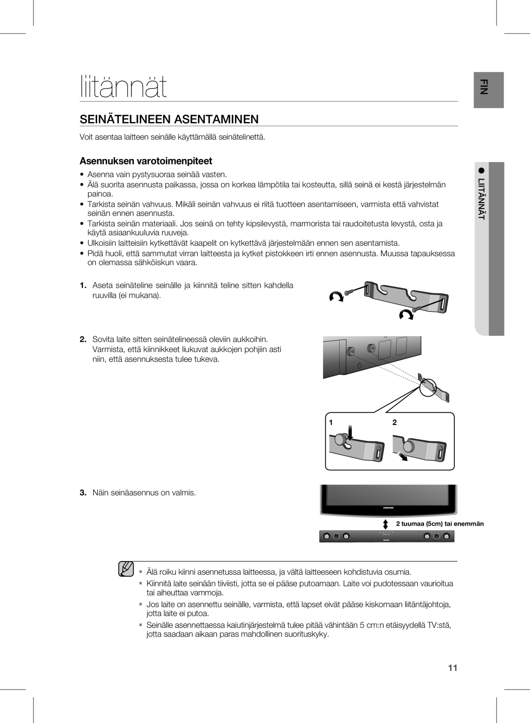 Samsung HW-D570/XE manual Liitännät, Seinätelineen Asentaminen, Voit asentaa laitteen seinälle käyttämällä seinätelinettä 