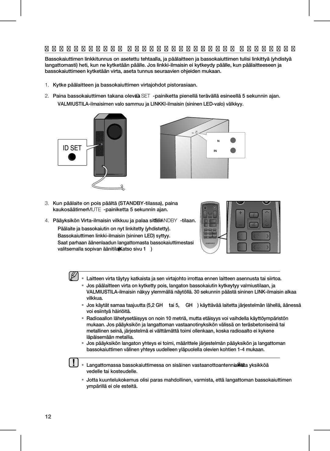 Samsung HW-D570/XE manual Langattoman Bassokaiuttimen Kytkentä, Bassokaiuttimen linkki-ilmaisin sininen LED syttyy 