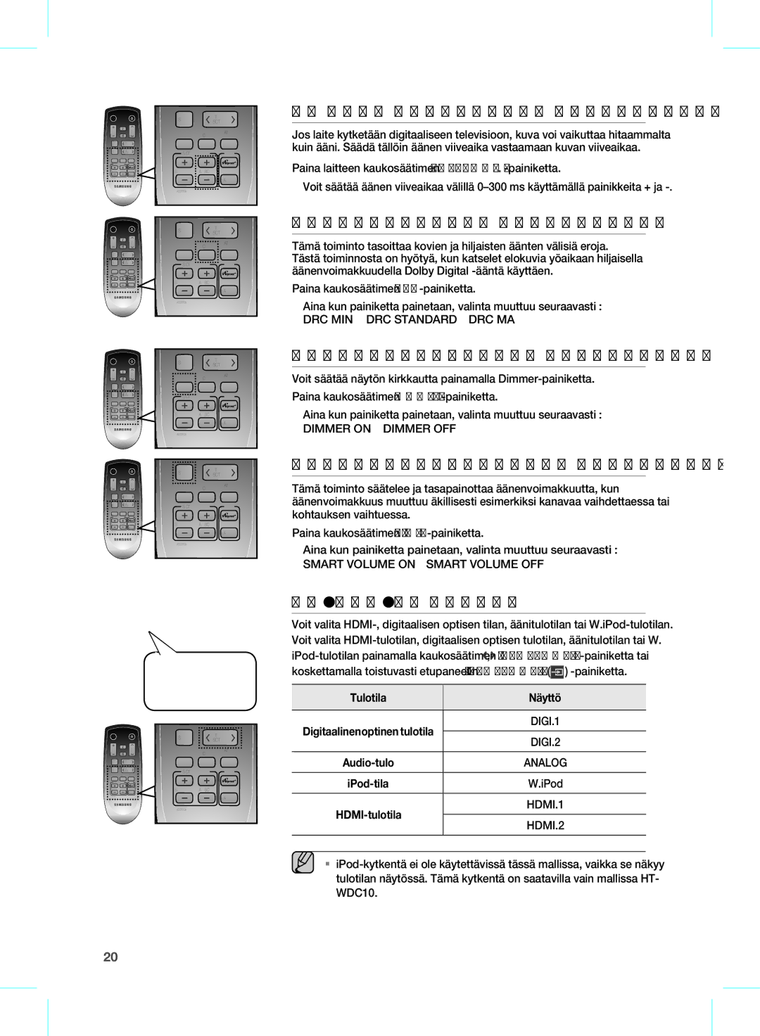 Samsung HW-D570/XE DRC MIN DRC Standard DRC MAX, Dimmer on Dimmer OFF, Smart Volume on Smart Volume OFF, Tulotila Näyttö 