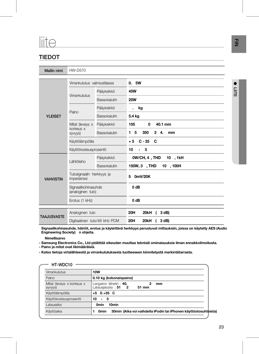 Samsung HW-D570/XE manual Liite, Tiedot, Yleiset, Taajusvaste 