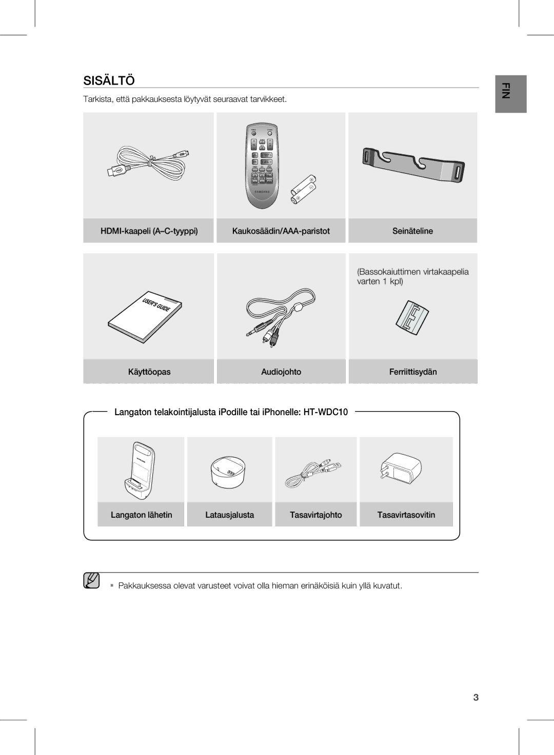 Samsung HW-D570/XE manual Sisältö, Tarkista, että pakkauksesta löytyvät seuraavat tarvikkeet, HDMI-kaapeli A-C-tyyppi 