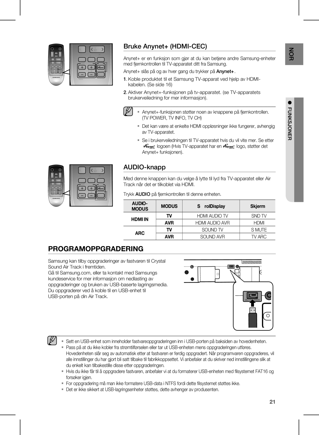 Samsung HW-D570/XE manual Programoppgradering, Audio Modus 