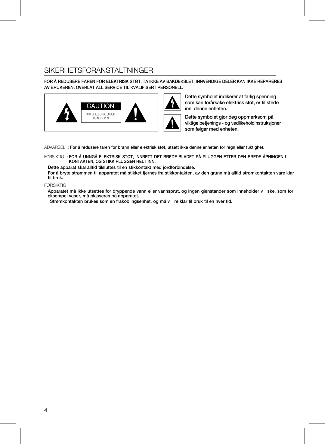 Samsung HW-D570/XE manual Sikkerhetsinformasjon, Sikerhetsforanstaltninger 