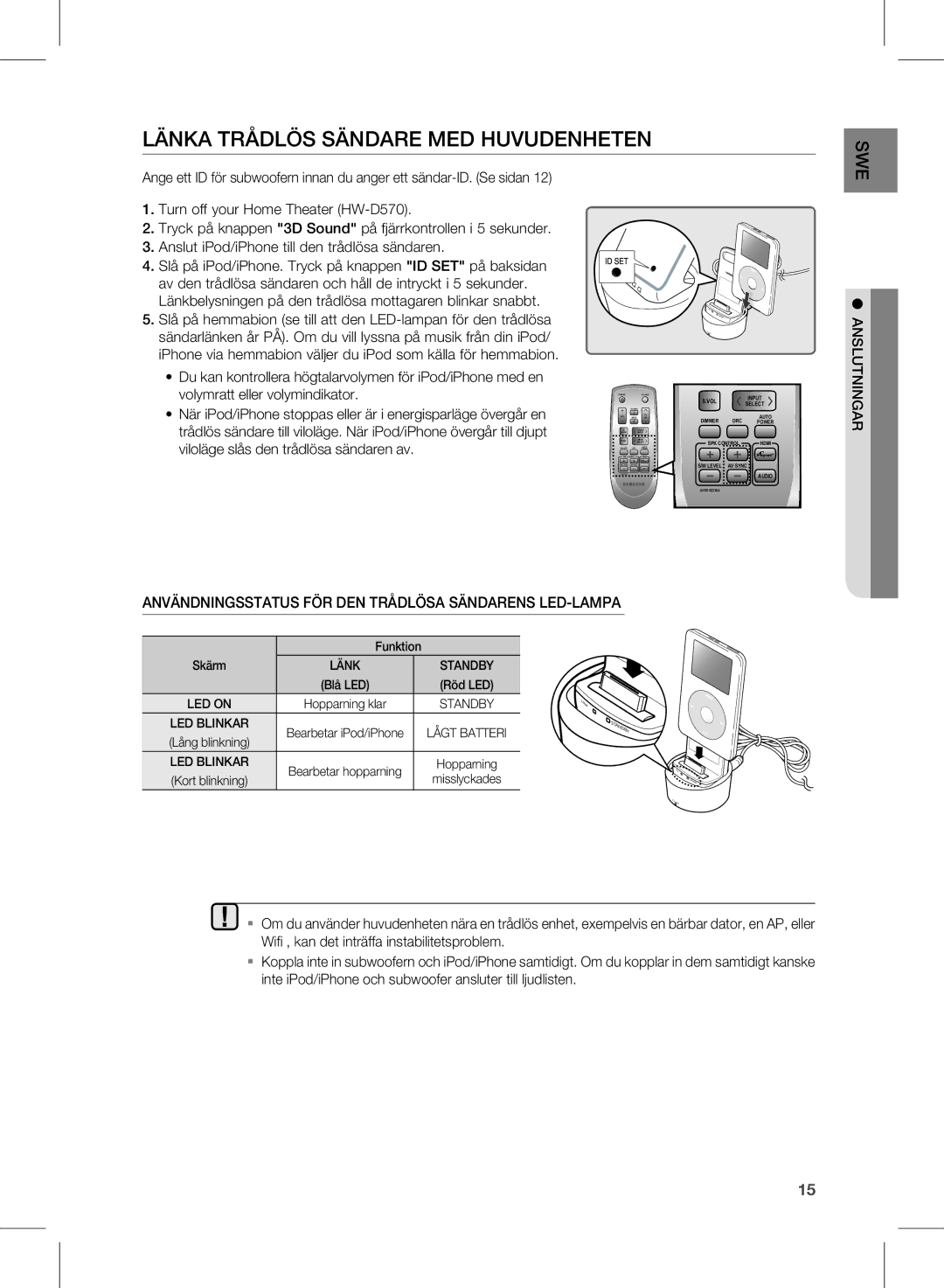 Samsung HW-D570/XE manual Länka Trådlös Sändare MED Huvudenheten, Användningsstatus FÖR DEN Trådlösa Sändarens LED-LAMPA 