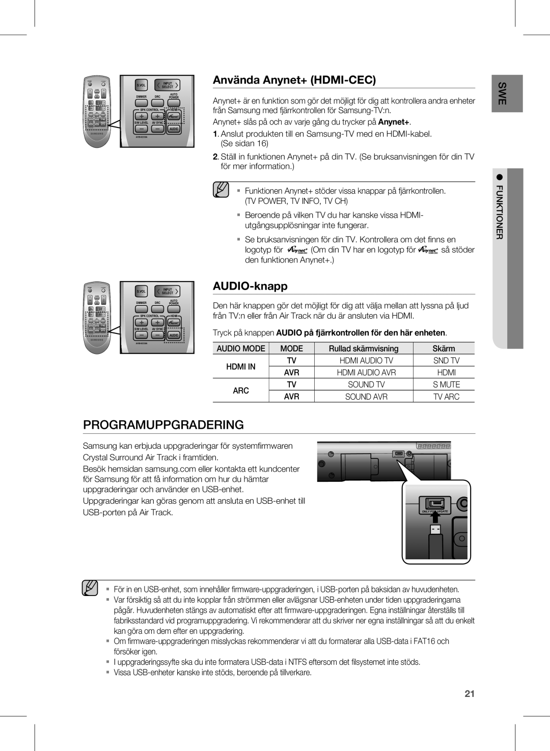 Samsung HW-D570/XE manual Programuppgradering, Använda Anynet+ HDMI-CEC 