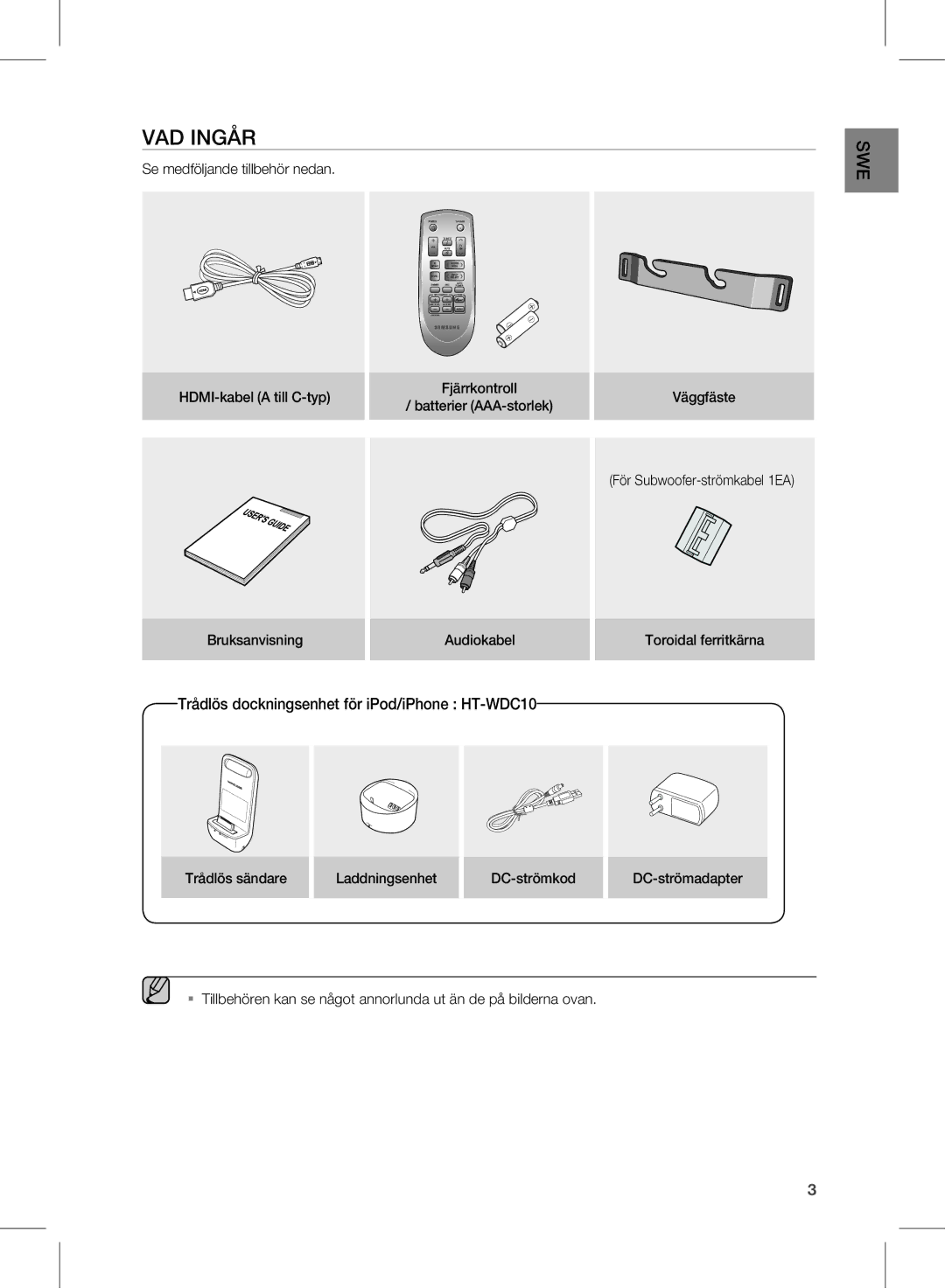 Samsung HW-D570/XE manual VAD Ingår, Trådlös dockningsenhet för iPod/iPhone HT-WDC10 