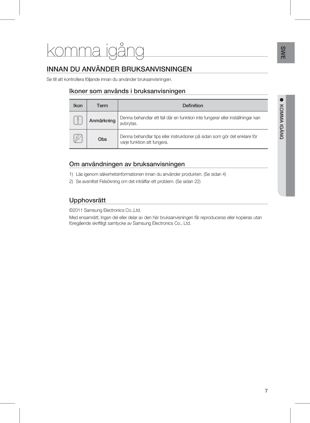 Samsung HW-D570/XE manual Komma igång, Innan DU Använder Bruksanvisningen 