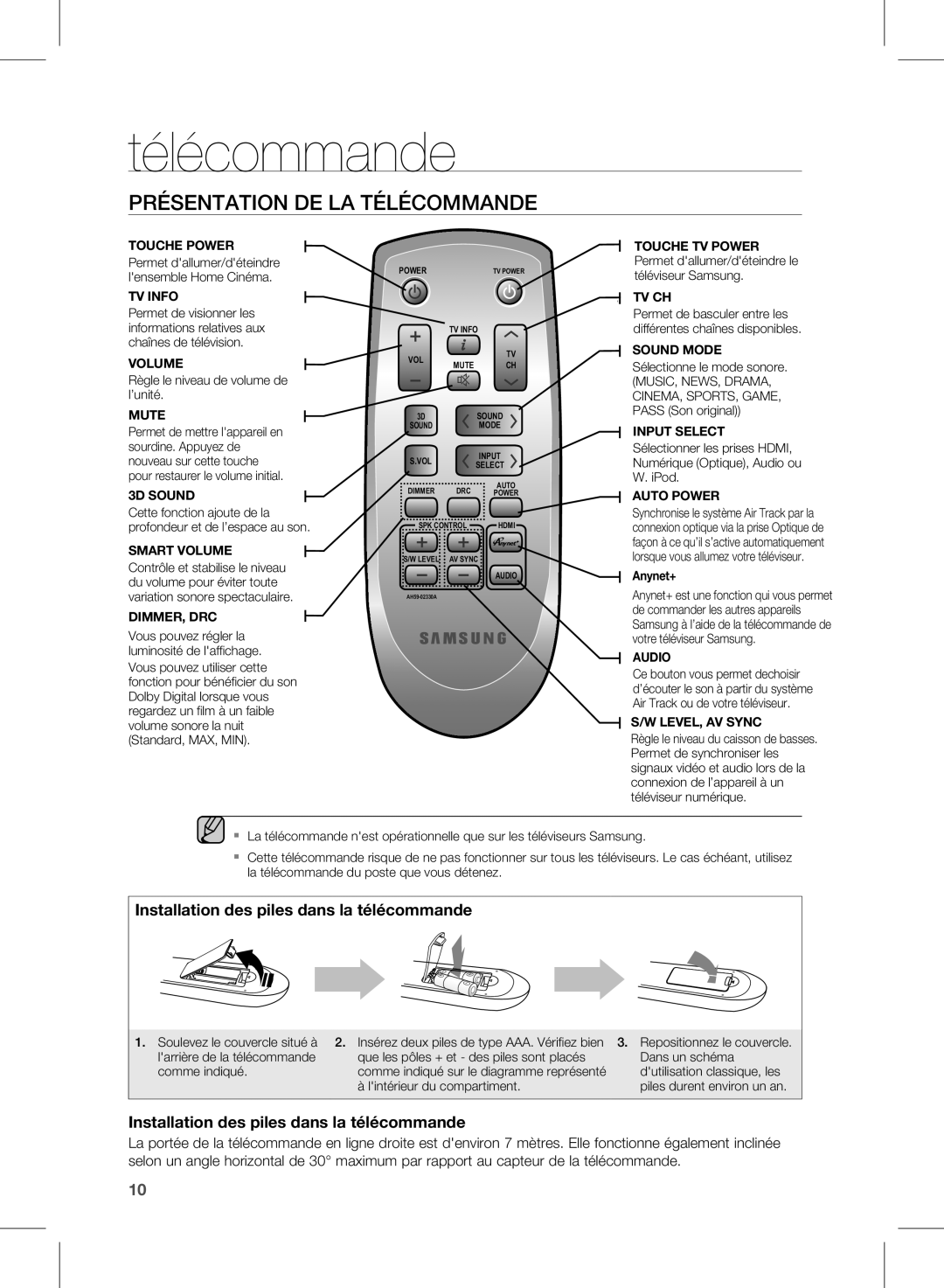 Samsung HW-D570/ZF manual Présentation DE LA Télécommande 