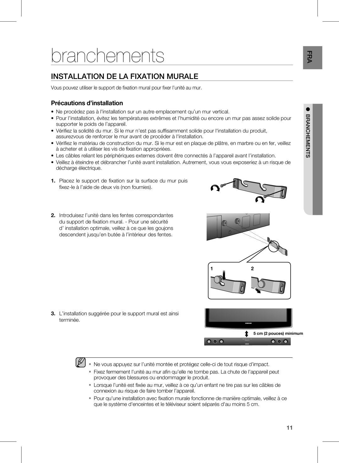 Samsung HW-D570/ZF manual Branchements, Installation DE LA Fixation Murale 