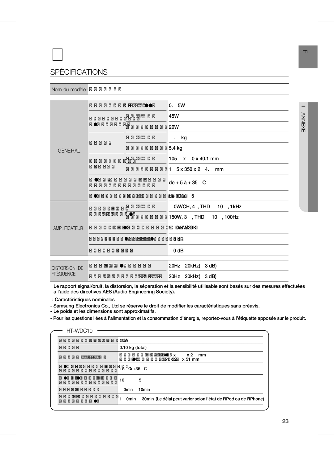 Samsung HW-D570/ZF manual Annexe, Spécifications, Général, Fréquence 