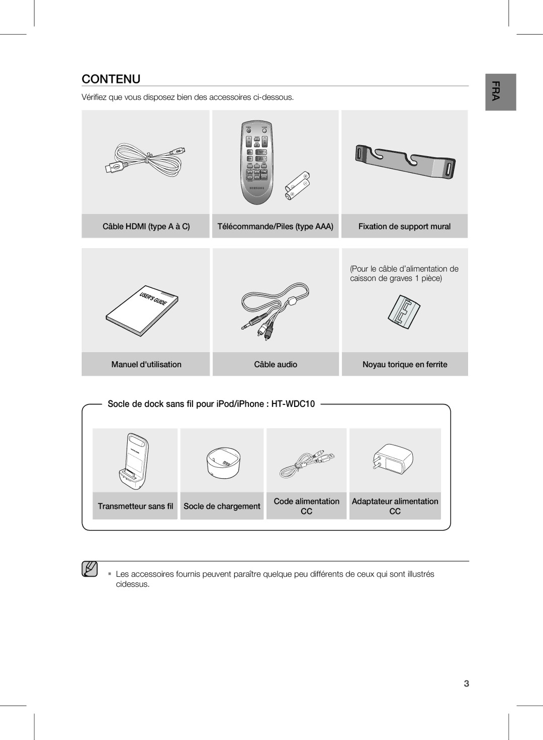 Samsung HW-D570/ZF manual Contenu, Vérifiez que vous disposez bien des accessoires ci-dessous 