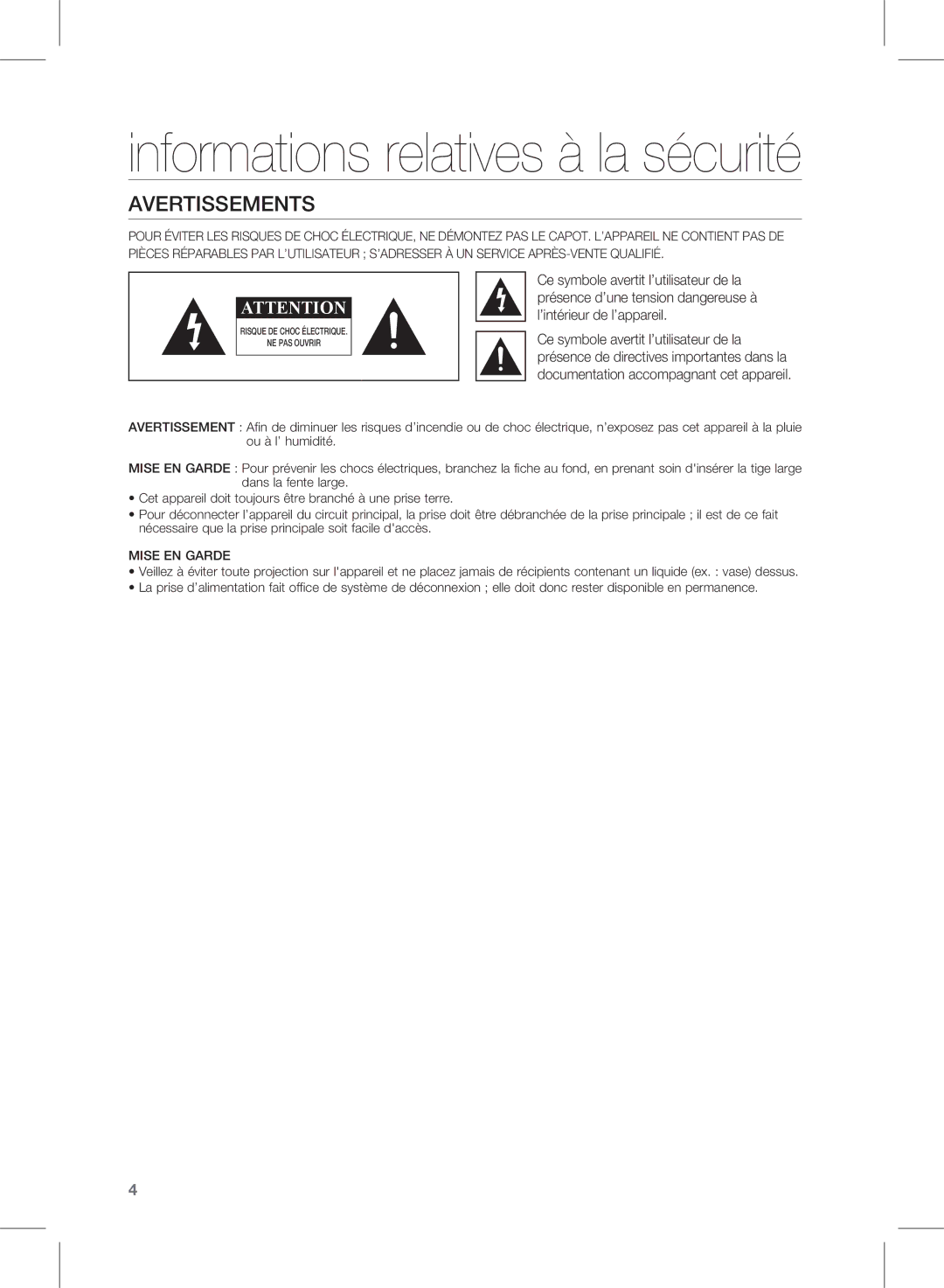 Samsung HW-D570/ZF manual Informations relatives à la sécurité 