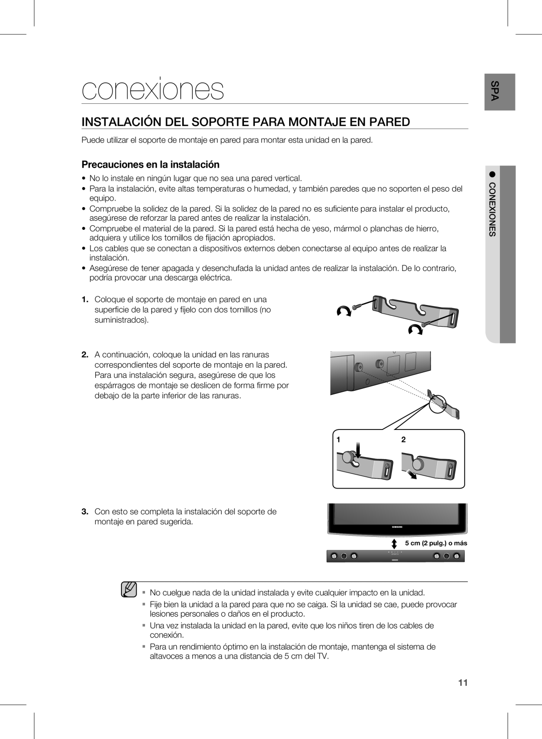 Samsung HW-D570/ZF manual Conexiones, Instalación DEL Soporte Para Montaje EN Pared 