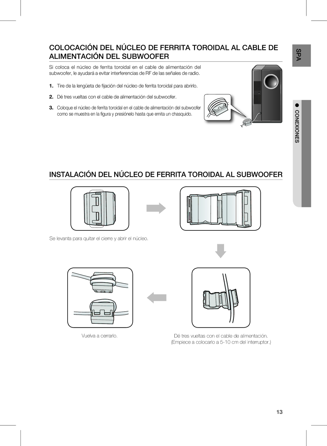 Samsung HW-D570/ZF manual Instalación DEL Núcleo DE Ferrita Toroidal AL Subwoofer 