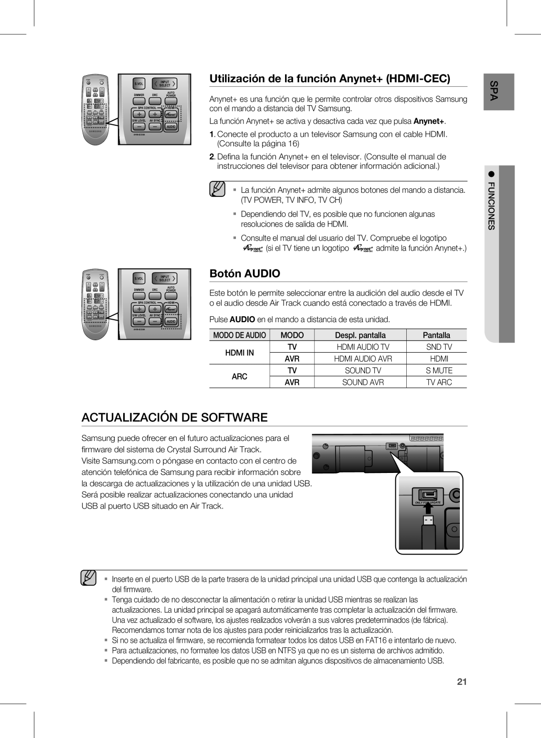 Samsung HW-D570/ZF manual Actualización DE Software, Modo 