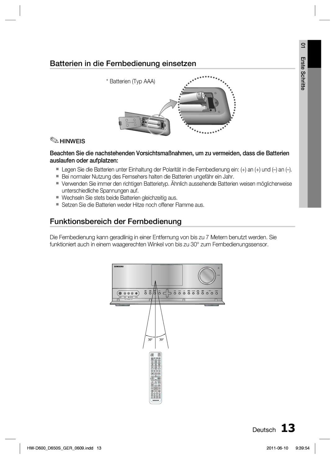 Samsung HW-D650S/XN, HW-D650S/EN Batterien in die Fernbedienung einsetzen, Funktionsbereich der Fernbedienung, Hinweis 