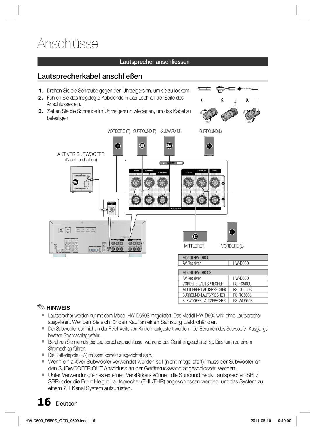 Samsung HW-D650S/EN, HW-D650S/XN manual Lautsprecherkabel anschließen, Lautsprecher anschliessen 