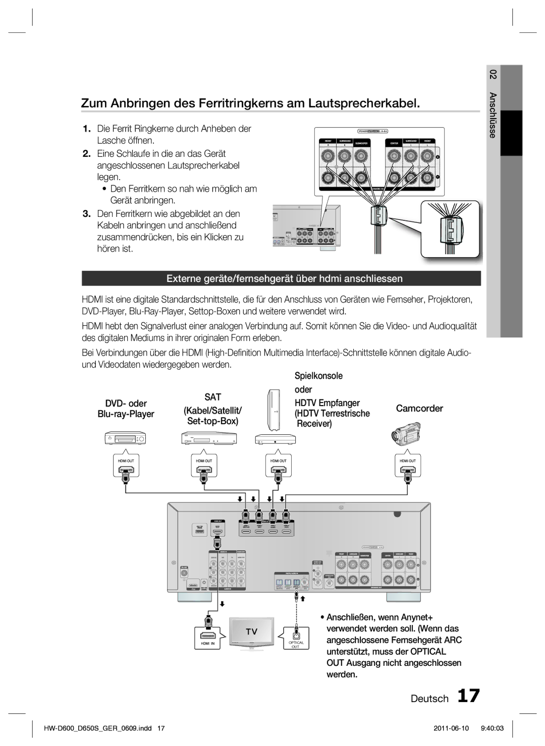 Samsung HW-D650S/XN, HW-D650S/EN manual Zum Anbringen des Ferritringkerns am Lautsprecherkabel 