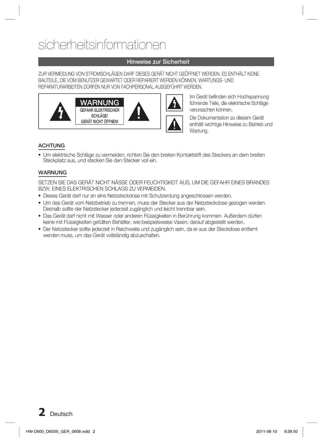 Samsung HW-D650S/EN, HW-D650S/XN manual Sicherheitsinformationen, Hinweise zur Sicherheit, Achtung 