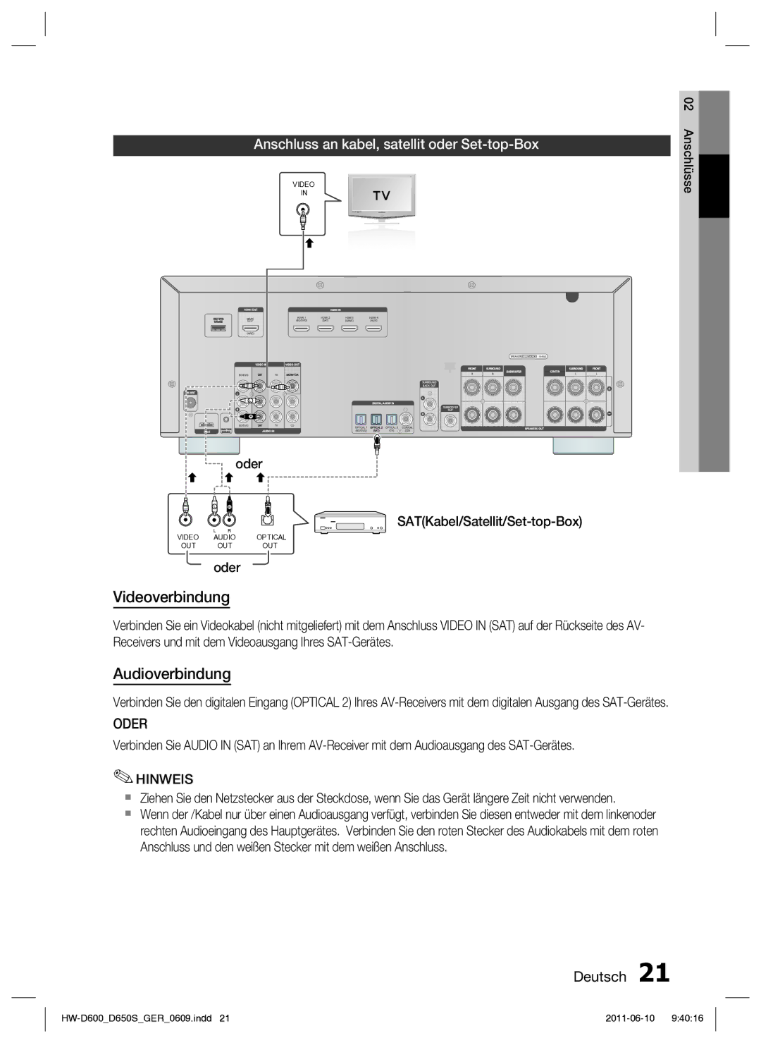 Samsung HW-D650S/XN, HW-D650S/EN manual Anschluss an kabel, satellit oder Set-top-Box, Hinweis 