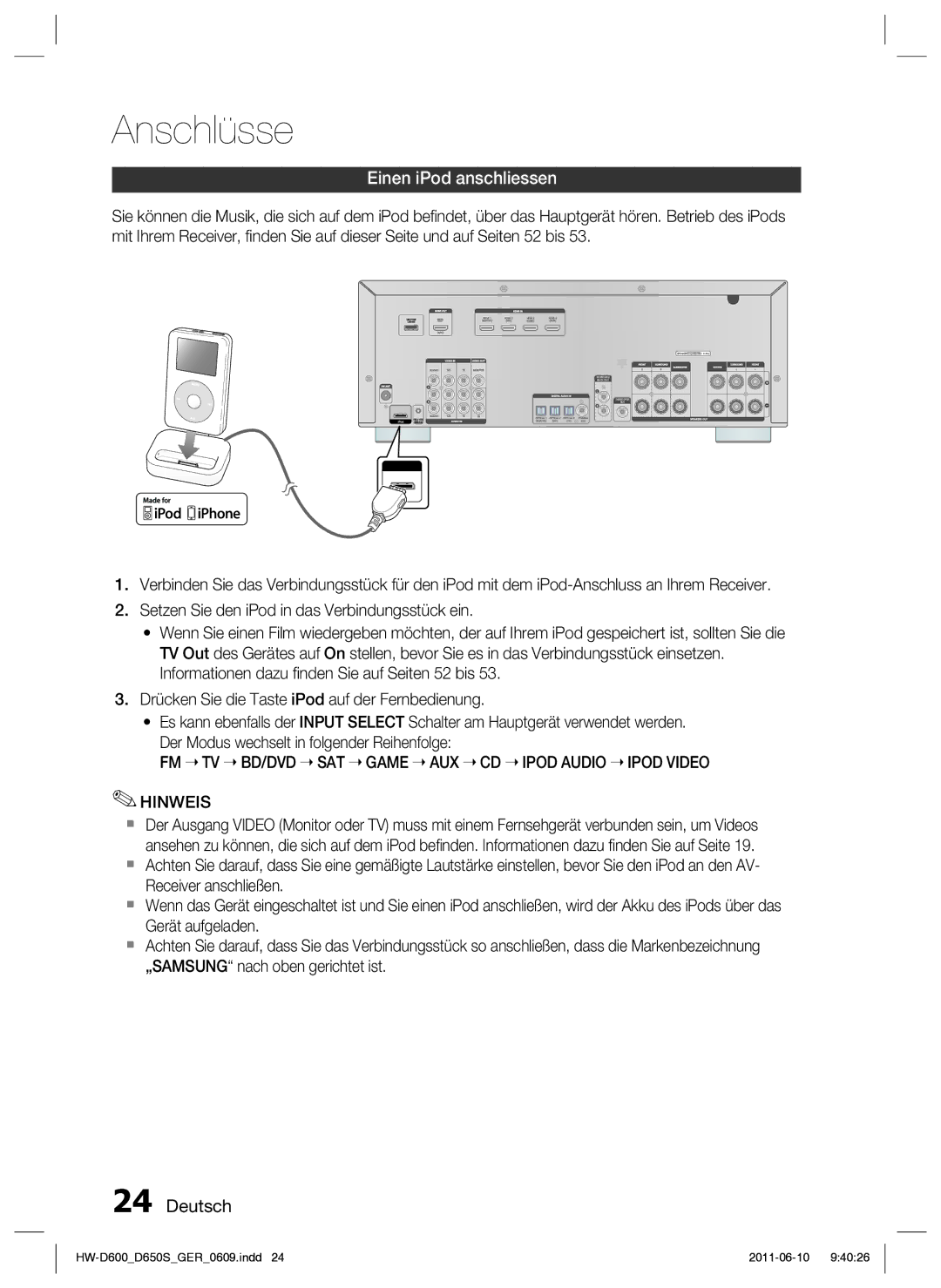 Samsung HW-D650S/EN, HW-D650S/XN manual Einen iPod anschliessen, FM TV BD/DVD SAT Game AUX CD Ipod Audio Ipod Video Hinweis 