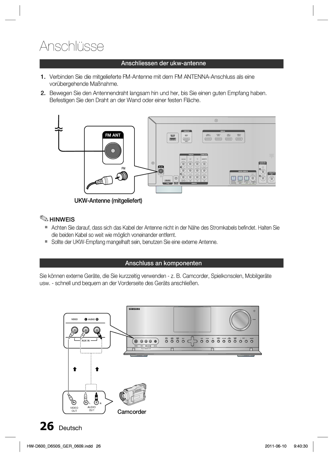 Samsung HW-D650S/EN, HW-D650S/XN manual Anschliessen der ukw-antenne, Anschluss an komponenten 