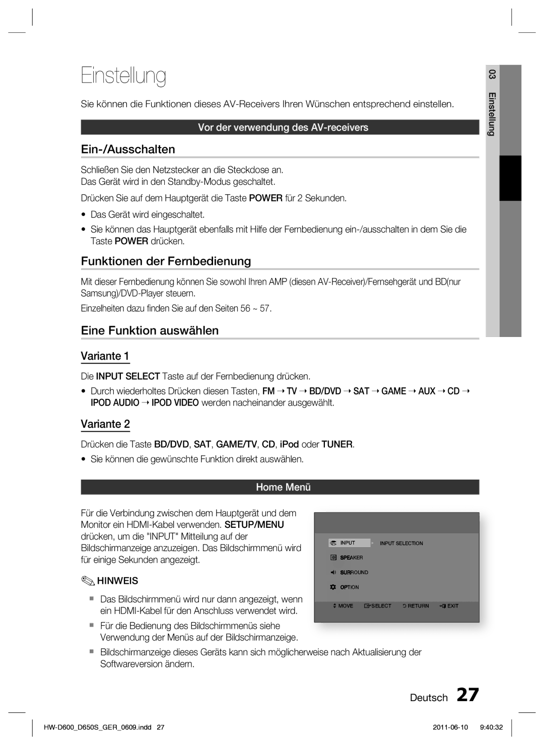 Samsung HW-D650S/XN manual Einstellung, Ein-/Ausschalten, Funktionen der Fernbedienung, Eine Funktion auswählen, Variante 