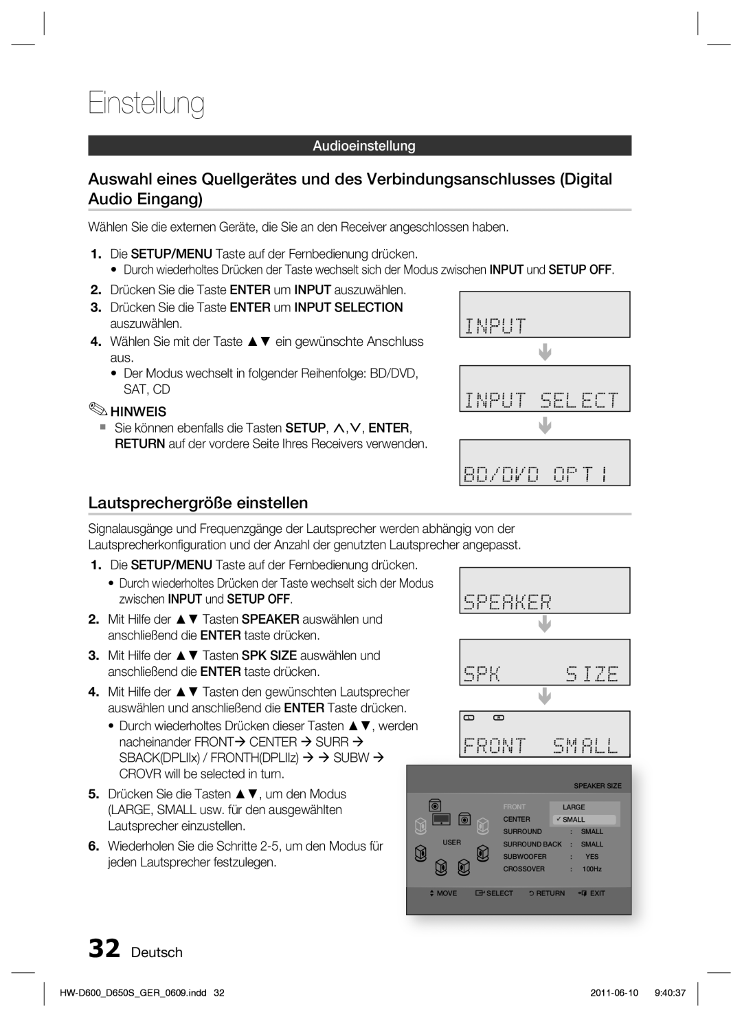 Samsung HW-D650S/EN, HW-D650S/XN manual Lautsprechergröße einstellen, Audioeinstellung, SAT, CD Hinweis 